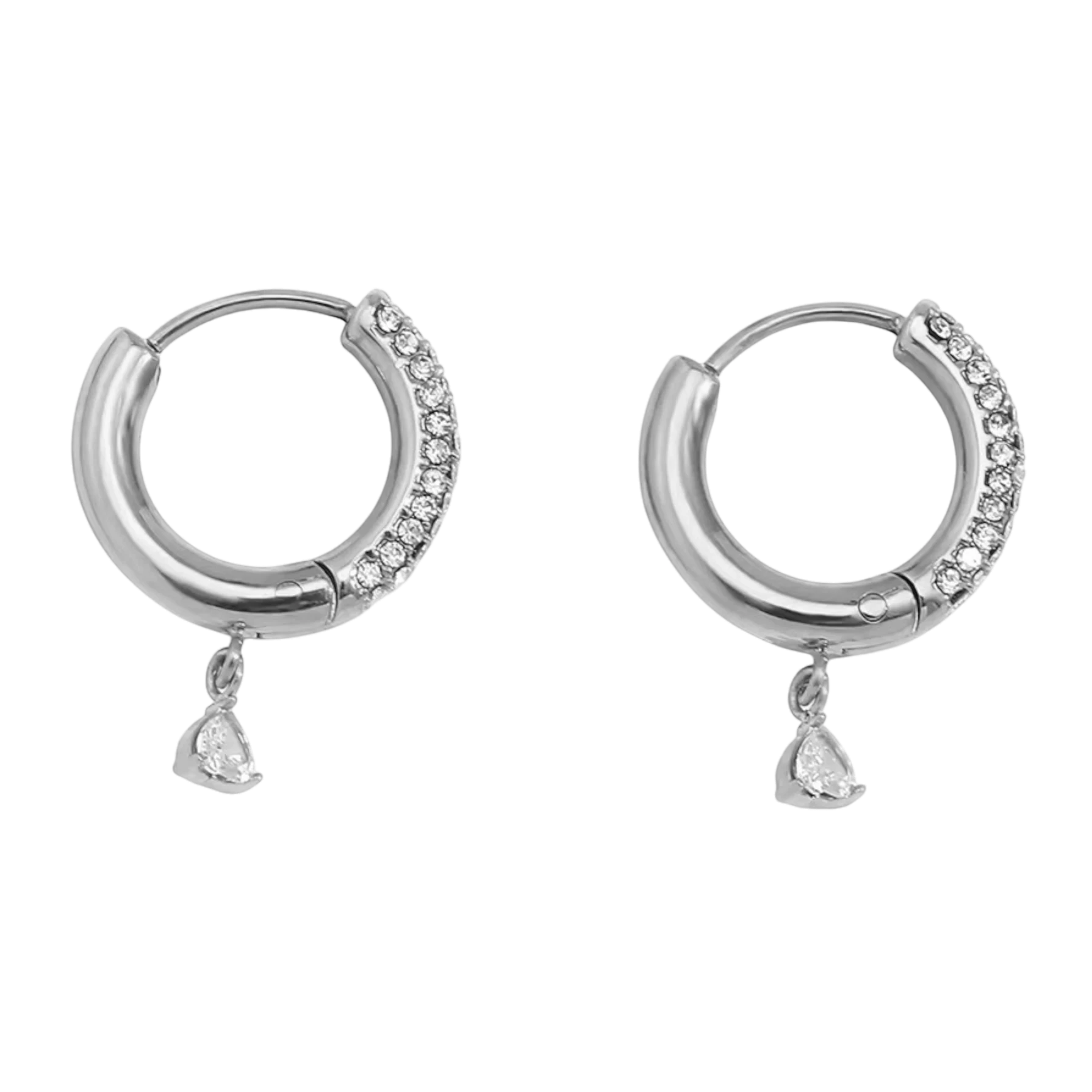 Amore Drop Hoops in polished stainless steel with heart charm