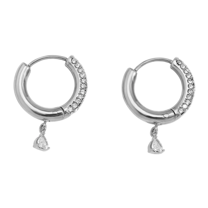 Amore Drop Hoops in polished stainless steel with heart charm