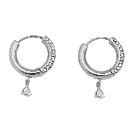 Amore Drop Hoops in polished stainless steel with heart charm