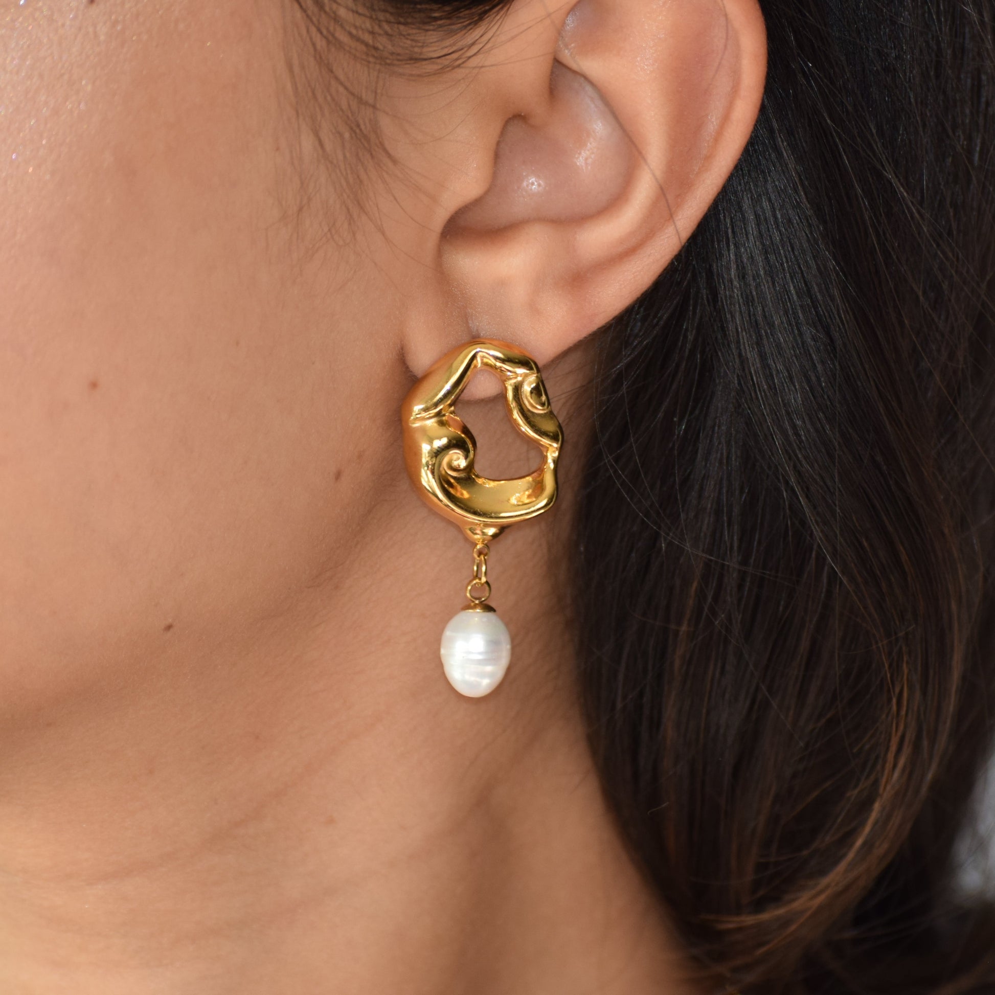 Gold Artisan Pearl Drop earrings with textured stud and pearl detail