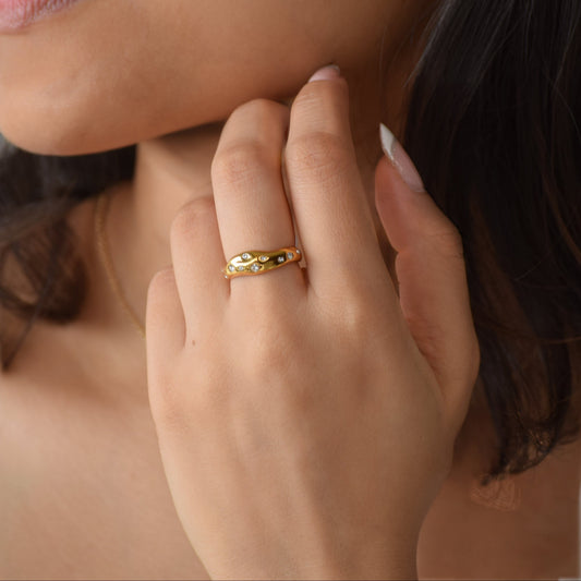 Gold Bubble Ring worn on hand with sparkling zircon detail
