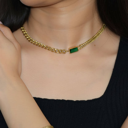 Emerald Link Necklace and bracelet worn together with green zircon accents