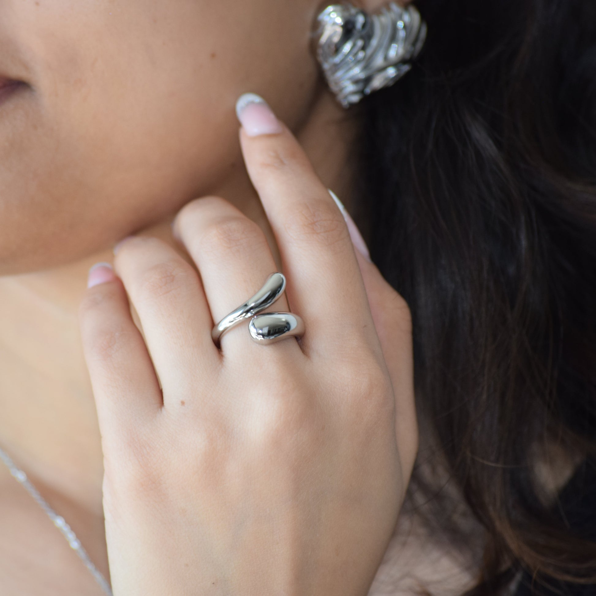 Silver Flow Ring styled with Molten Heart Studs