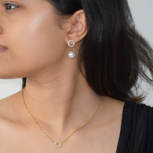 Gold Helios Pearl Drops styled with matching Helios Pendant