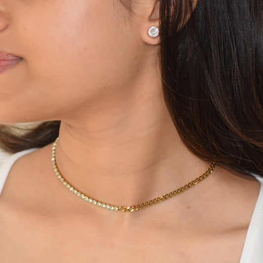 Gold Juxtapose Tennis Necklace styled with matching stud earrings