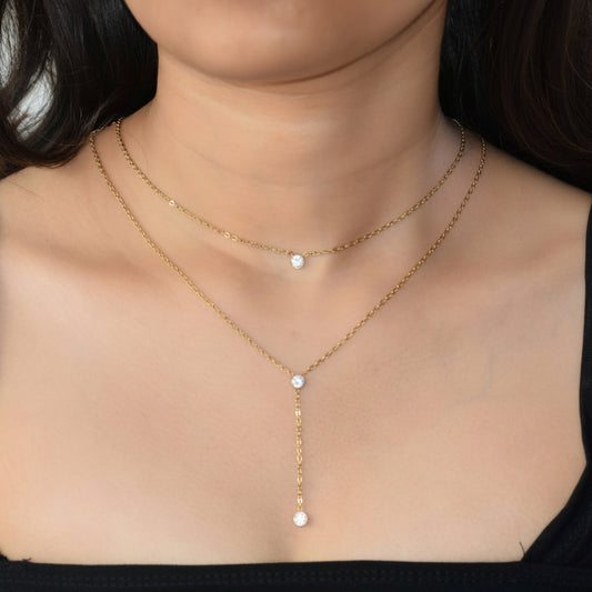 Gold Layered Lariat Necklace worn on model