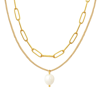 Layered Pearl Necklace in 18K gold plated stainless steel