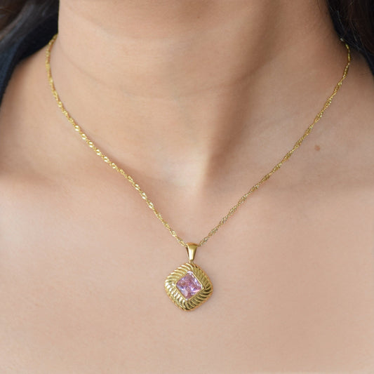 Legacy blush zircon pendant necklace worn on model