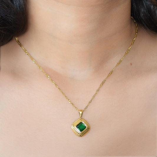 Legacy jade green zircon pendant necklace worn on model