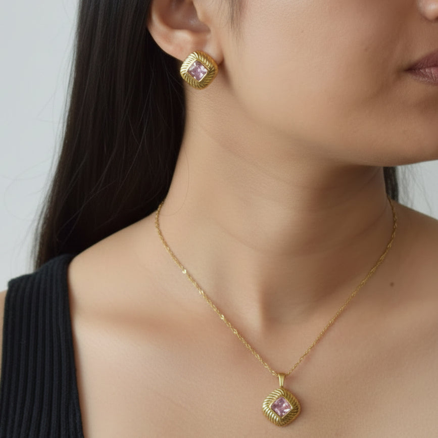 Legacy rose blush zircon studs styled with matching pendant necklace