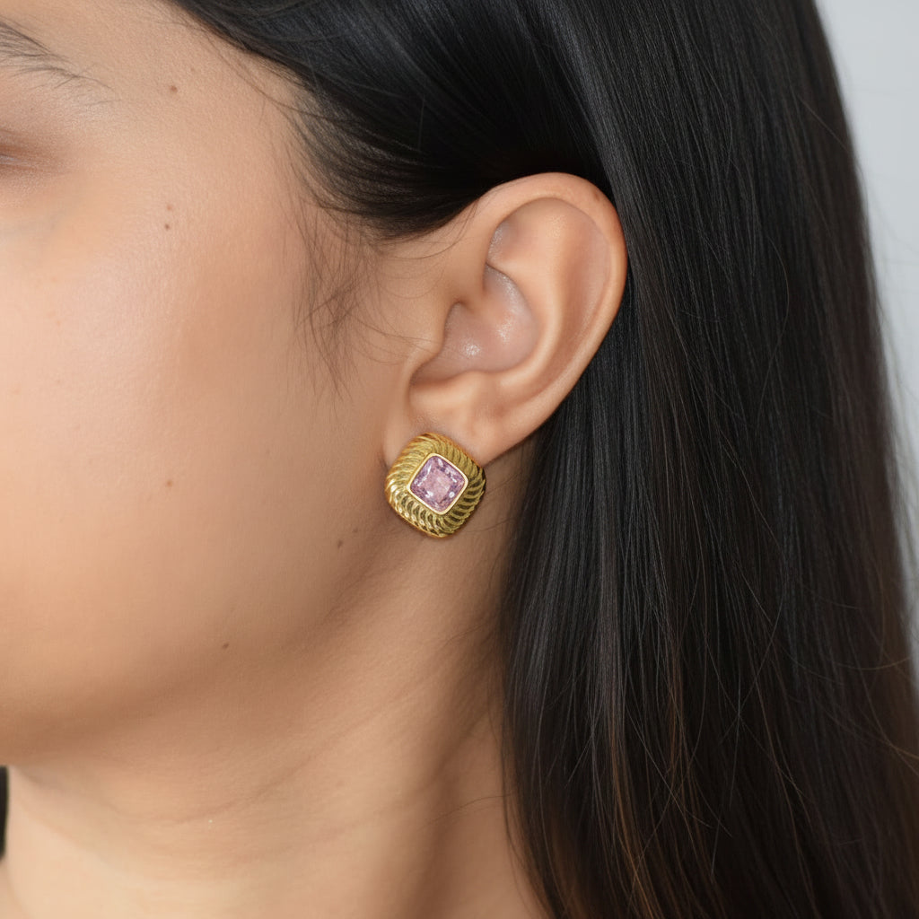 Legacy rose blush zircon stud earring worn on ear