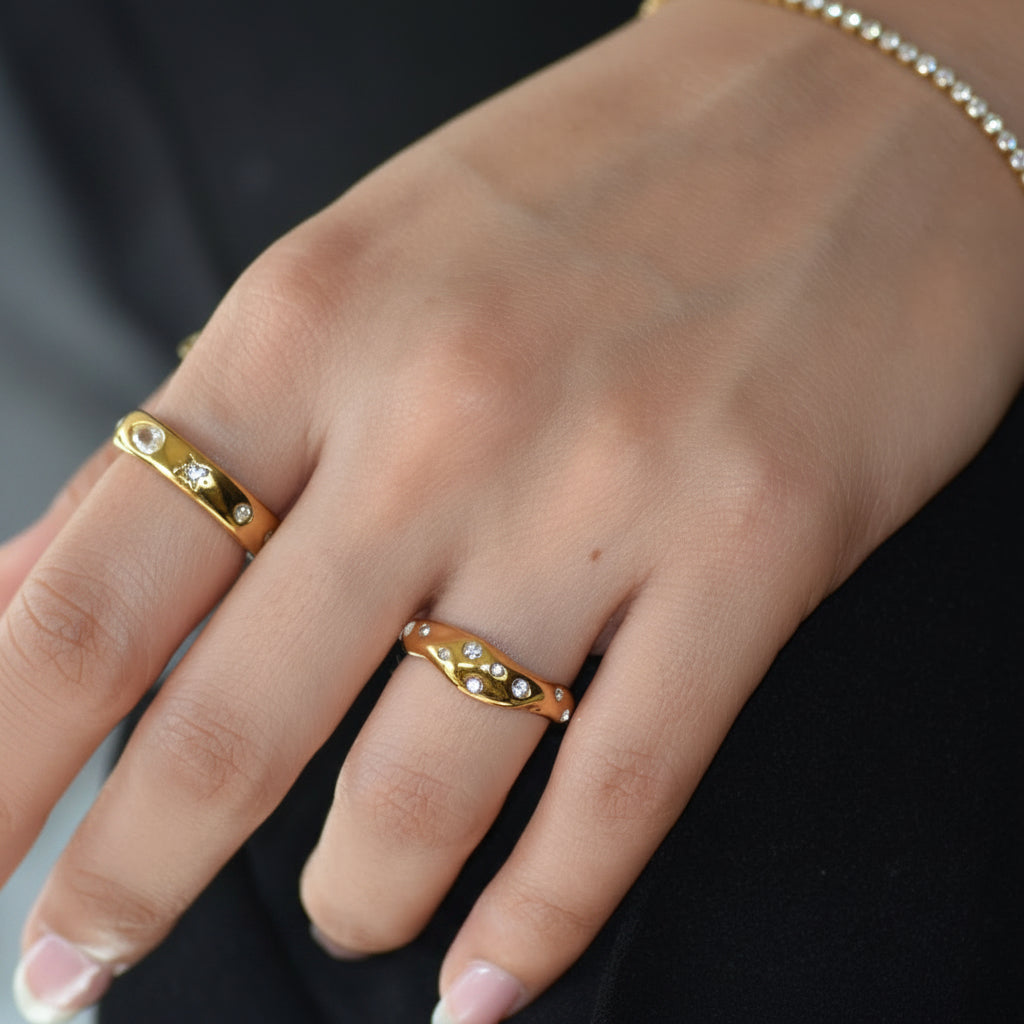 Gold Mosaic Ring stacked with Bubble Ring on hand