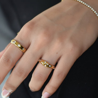 Gold Mosaic Ring stacked with Bubble Ring on hand
