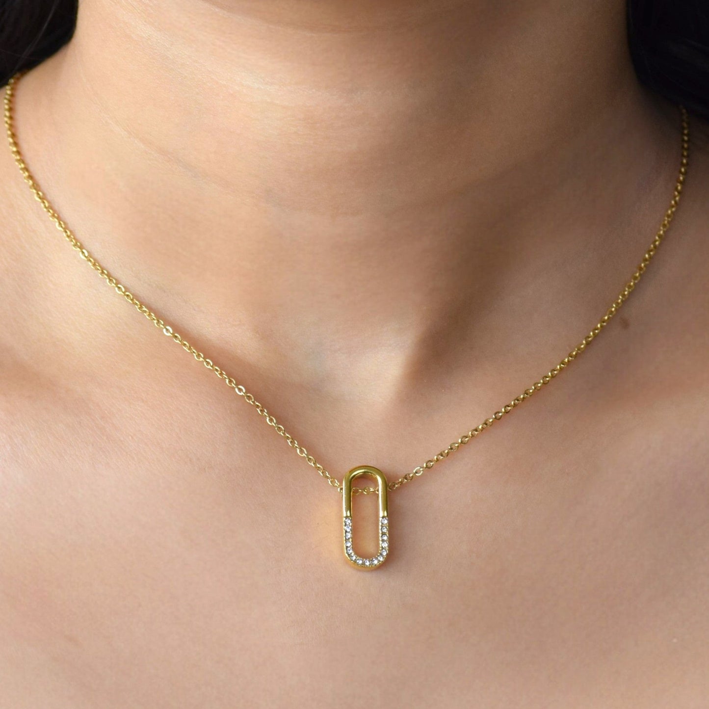 Gold Pave Paperclip Necklace worn on neckline