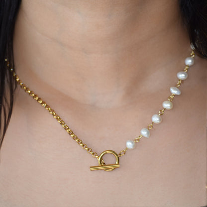 Gold Pearl Toggle Necklace worn on neckline