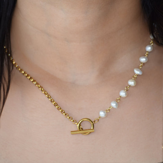 Gold Pearl Toggle Necklace worn on neckline
