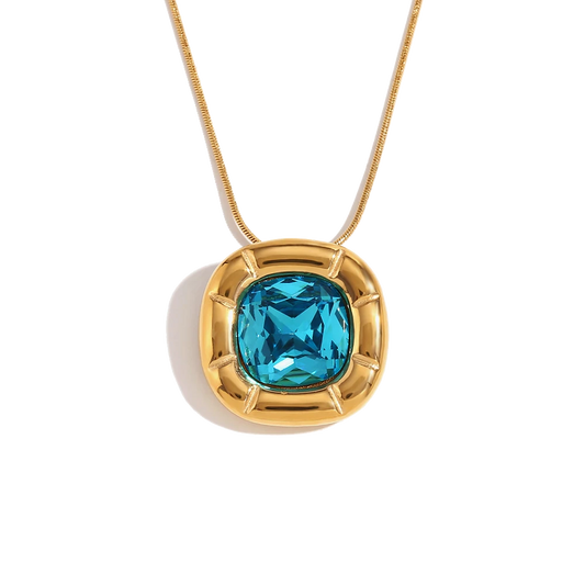 Signature aqua blue zircon pendant necklace in 18K gold plated stainless steel