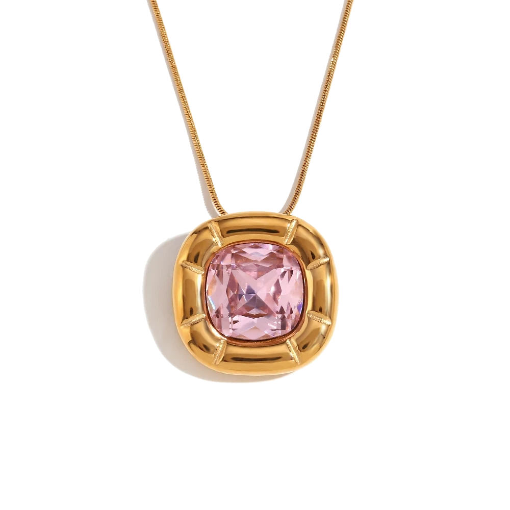 Signature blush pink zircon pendant necklace in 18K gold plated stainless steel