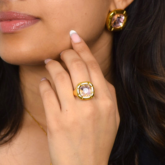 Blush pink zircon statement ring styled with matching earrings