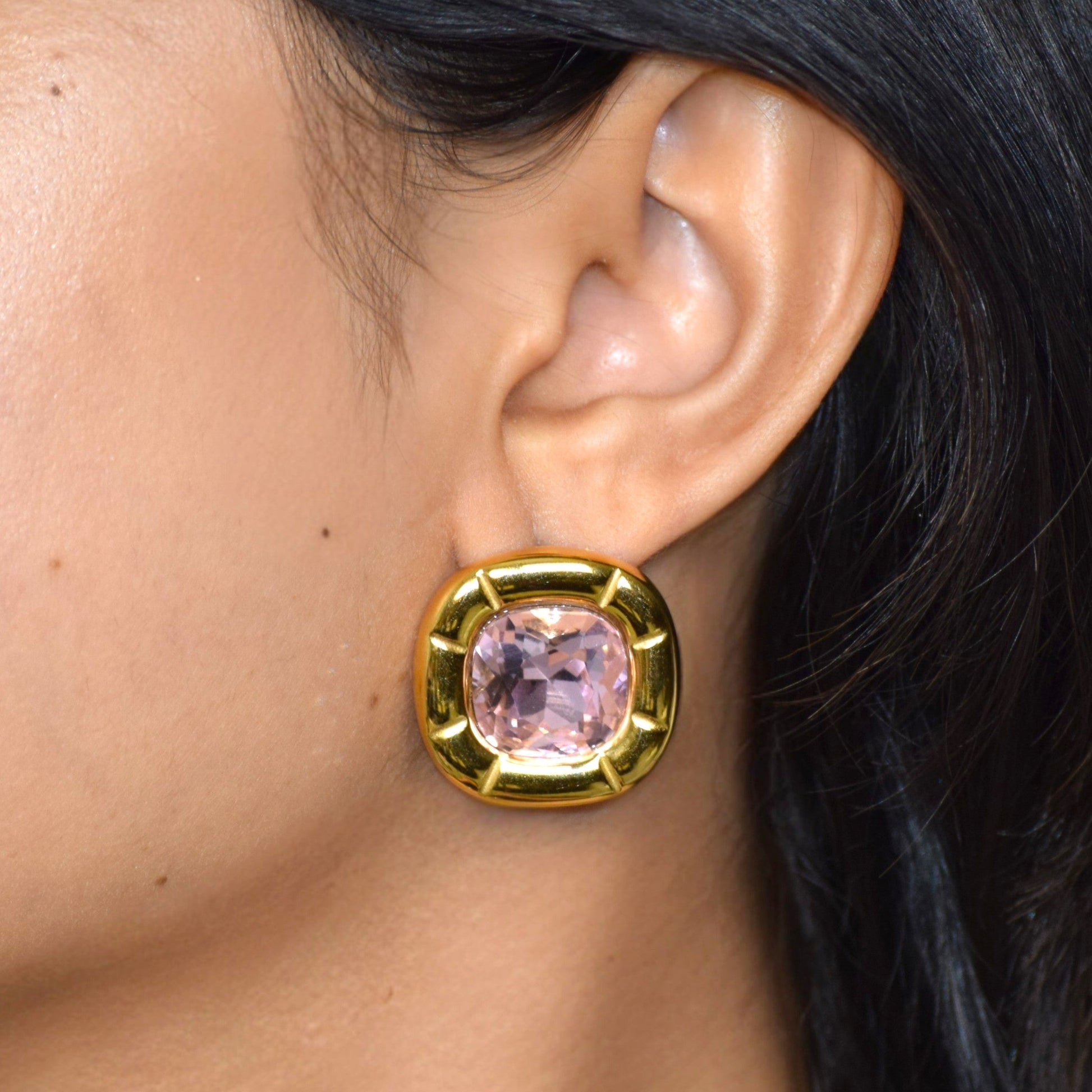 Blush pink zircon statement stud earring worn on ear
