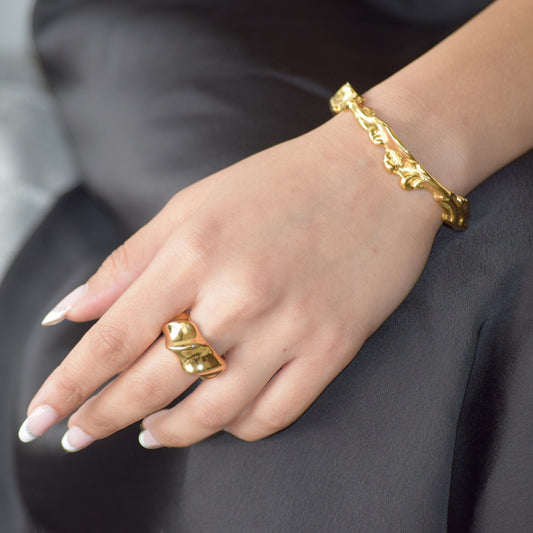 Gold Chunky Dome Ring worn on hand with sculptural polished finish