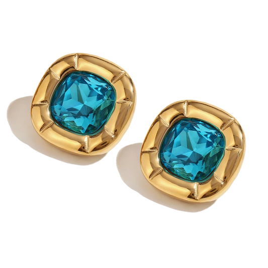Signature aqua blue zircon stud earrings in 18K gold plated stainless steel