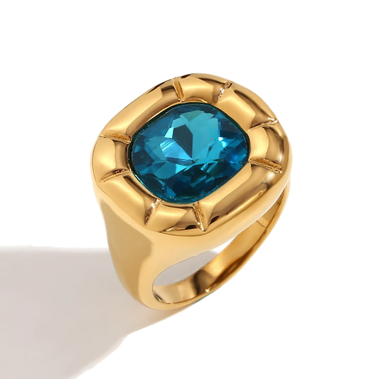 Signature aqua blue zircon statement ring in 18K gold plated stainless steel