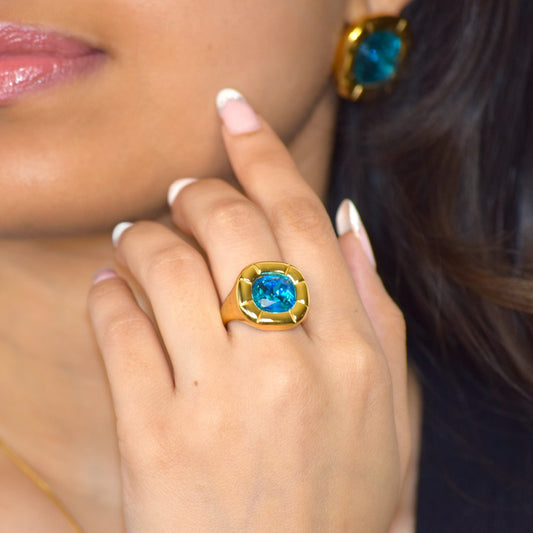 Aqua blue zircon Signature Statement Ring worn on finger