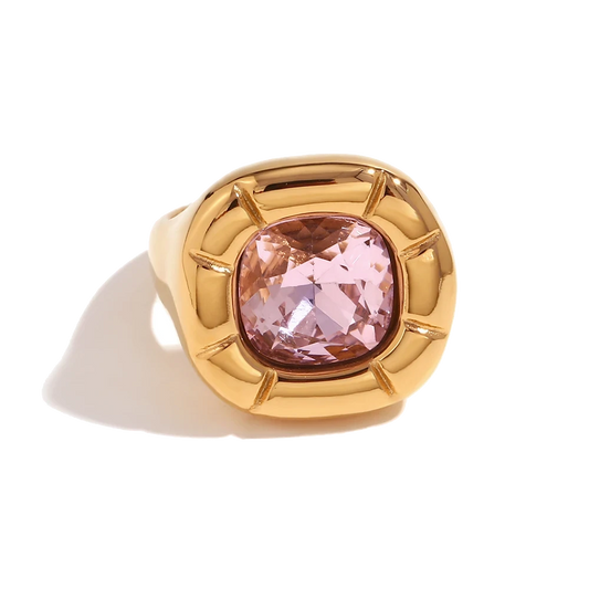 Signature blush pink zircon statement ring in 18K gold plated stainless steel