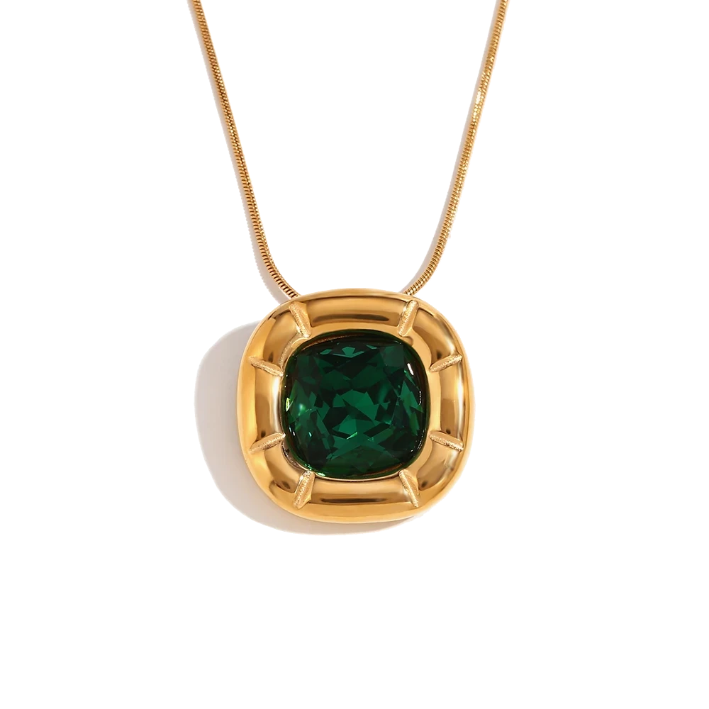 Signature jade green zircon pendant necklace in 18K gold plated stainless steel