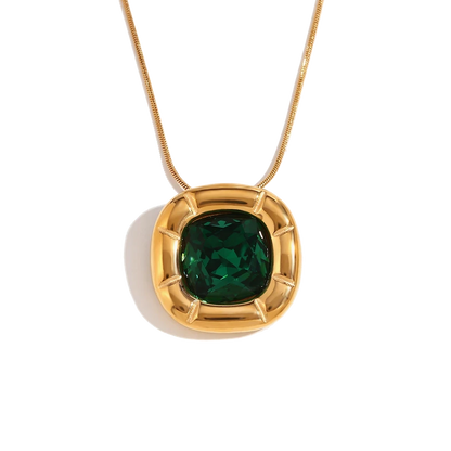 Signature jade green zircon pendant necklace in 18K gold plated stainless steel