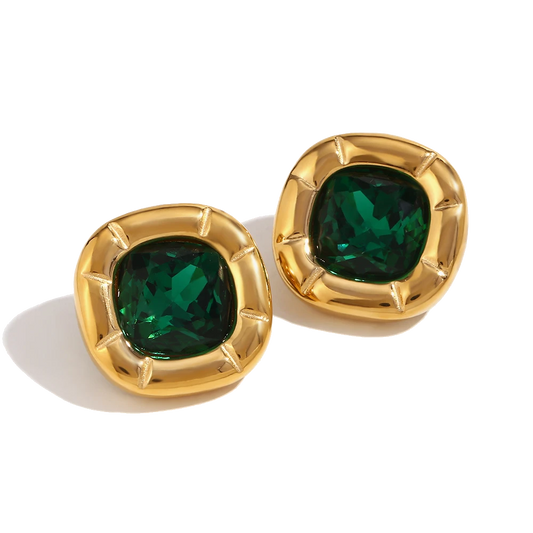 Signature jade green zircon stud earrings in 18K gold plated stainless steel