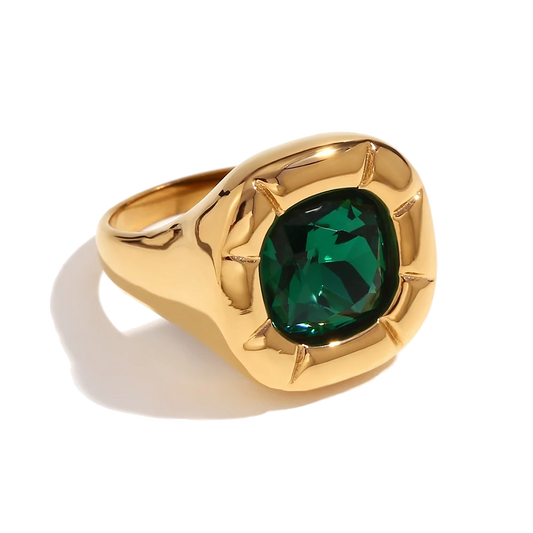 Signature jade green zircon statement ring in 18K gold plated stainless steel