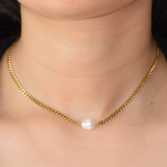 Gold Statement Pearl Necklace worn on neckline