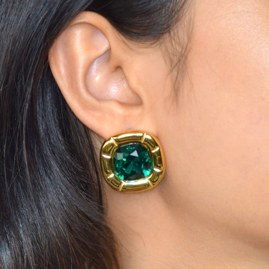 Jade green zircon statement studs worn on model