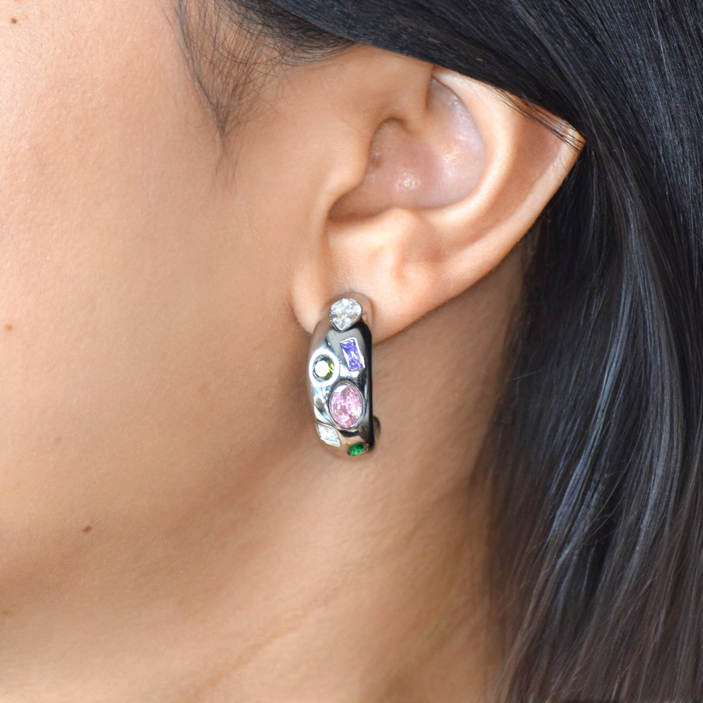 Silver Tutti Frutti Half Hoops close up with colourful zircon accents