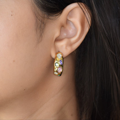Gold Tutti Frutti Half Hoops close up with colourful zircon accents