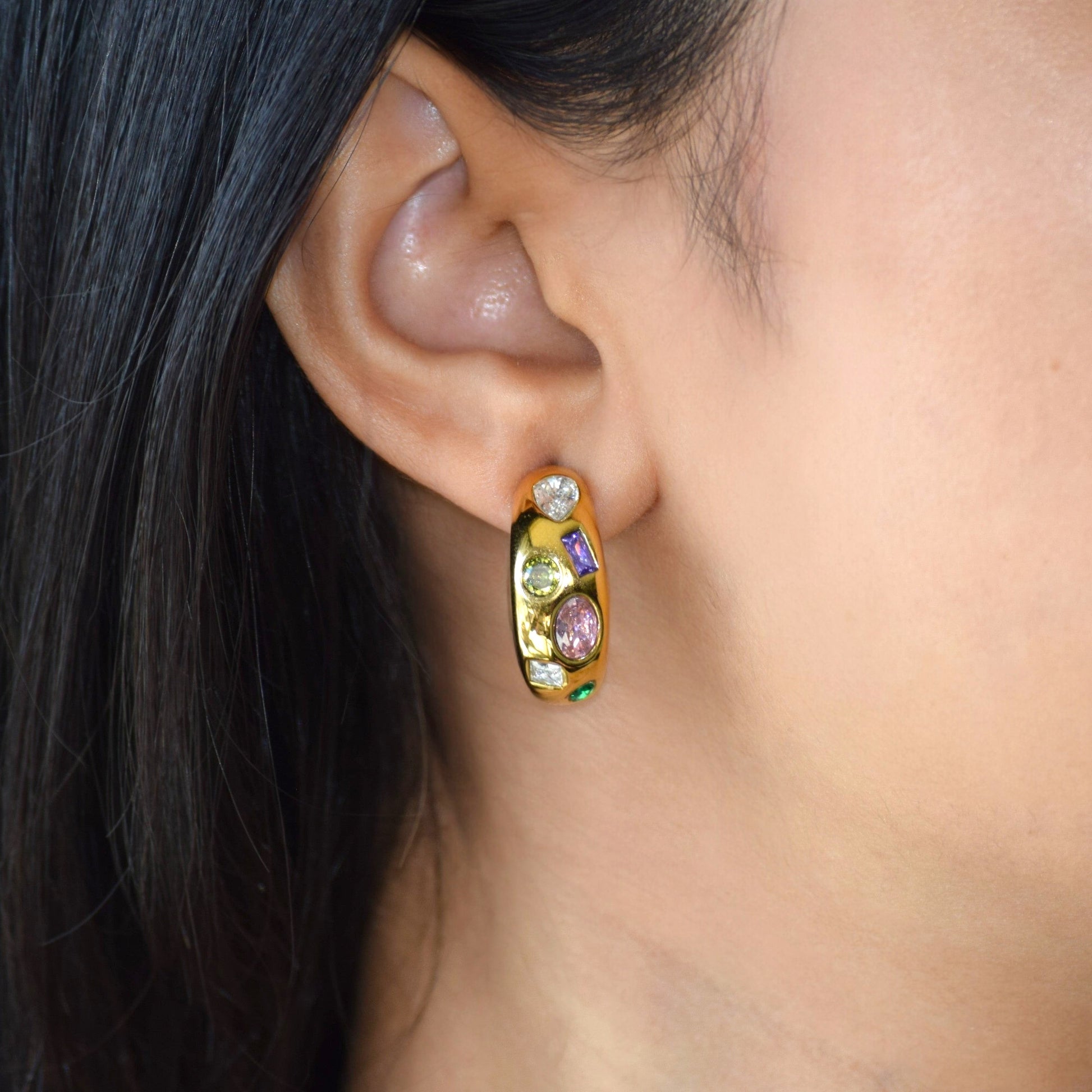 Gold Tutti Frutti Half Hoops worn on ear with colourful zircon accents