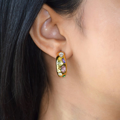 Gold Tutti Frutti Half Hoops worn on ear with colourful zircon accents
