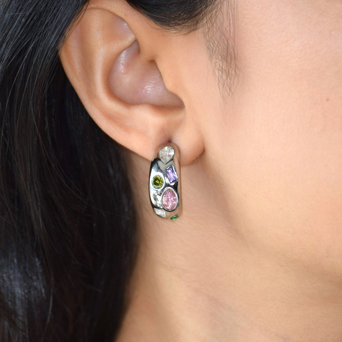 Silver Tutti Frutti Half Hoops worn on model with colourful zircon accents