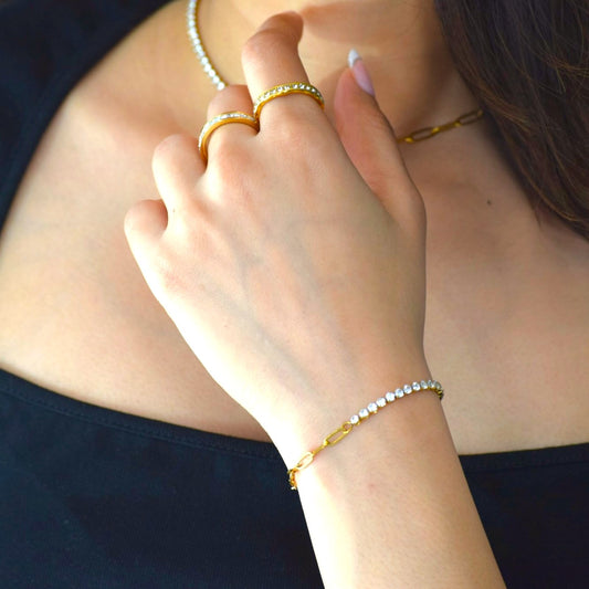 Split Tennis Bracelet styled with zircon rings on hand