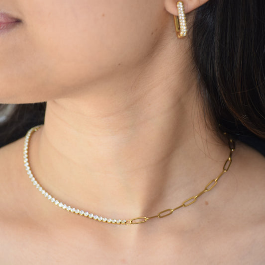 Gold Split Tennis Necklace worn on neckline