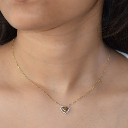 Gold Sweetheart Halo Necklace worn on neckline
