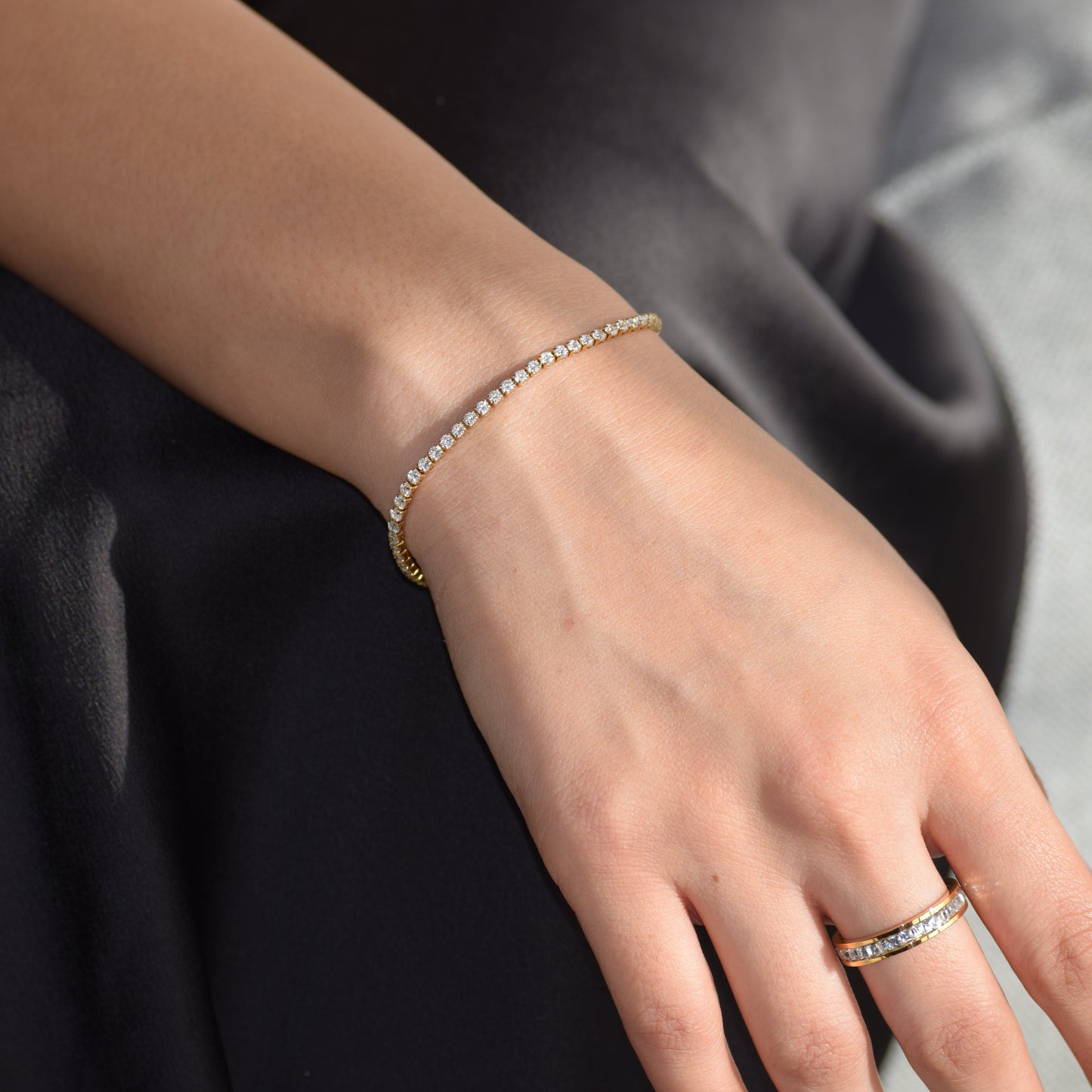 Gold Classic Tennis Bracelet styled with Eternity Ring