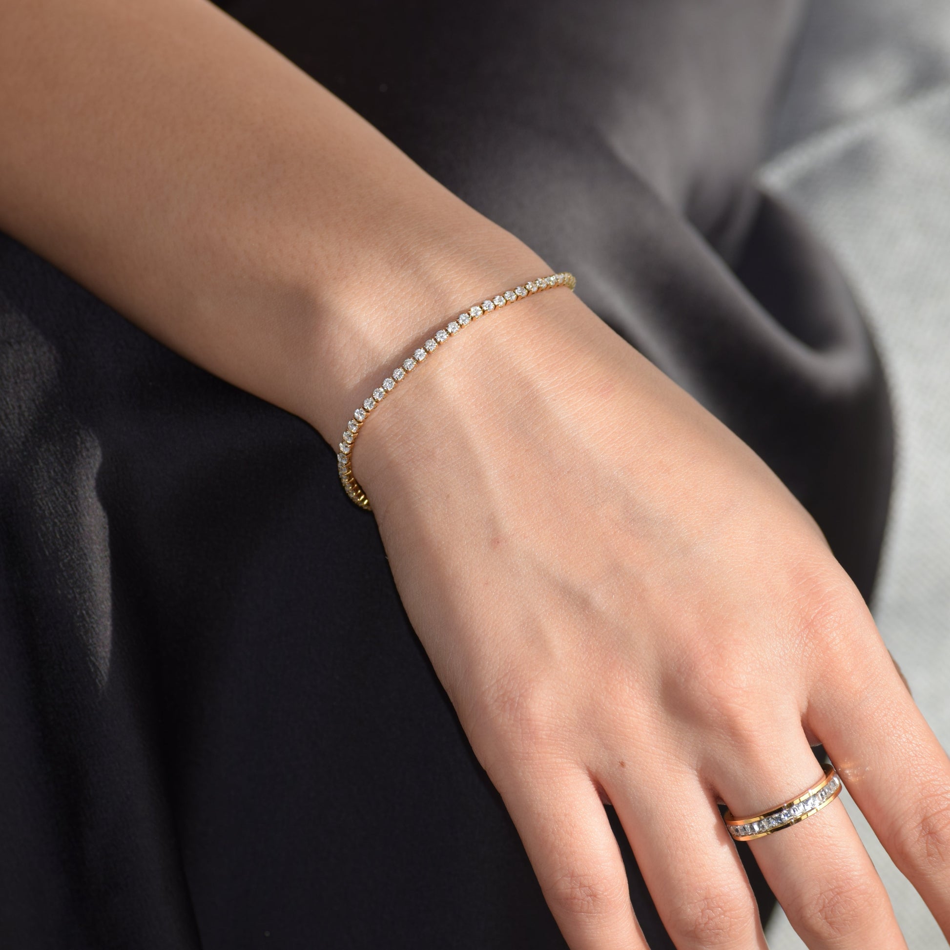 Gold Classic Tennis Bracelet styled with Eternity Ring