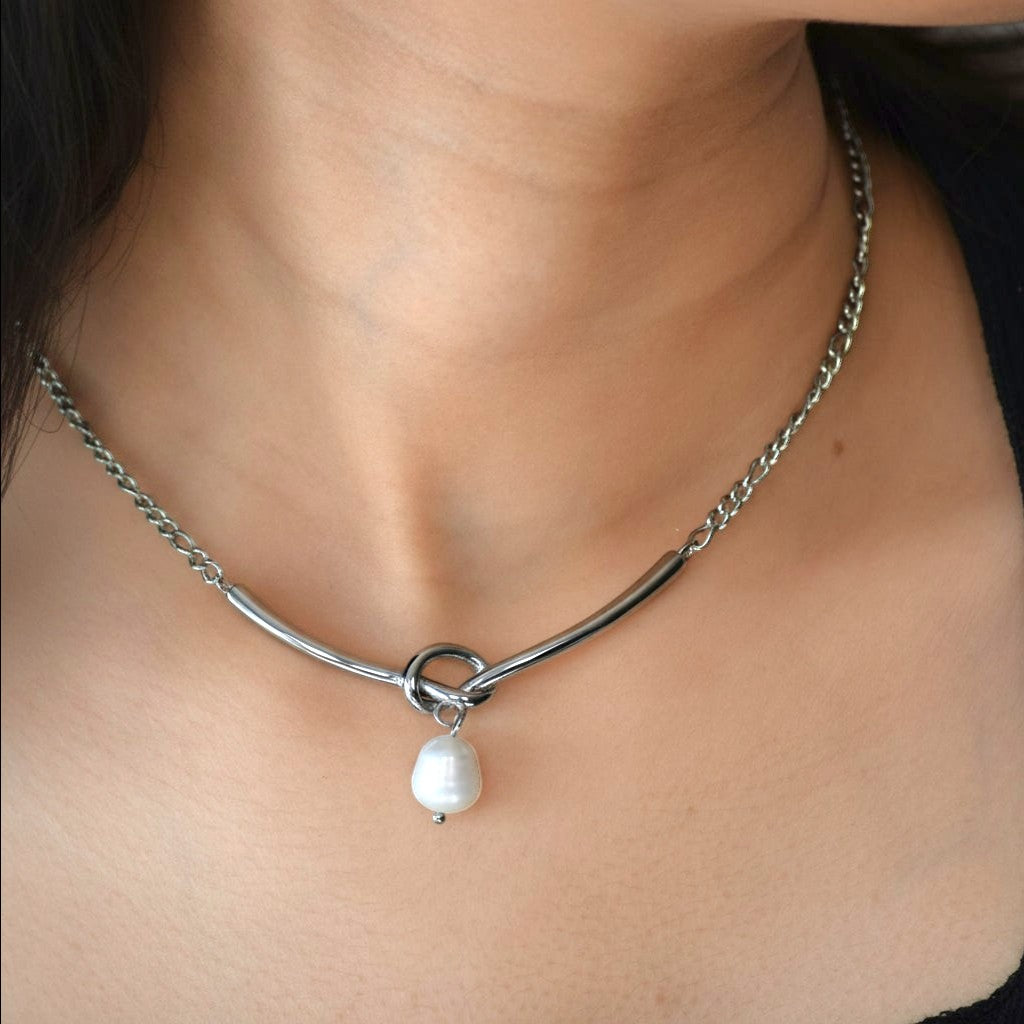Silver Tie-the-knot Pearl Necklace worn on neckline
