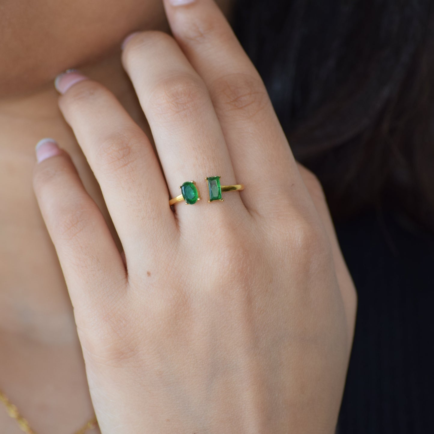 Toi Et Moi jade green zircon ring worn on hand with 18K gold plated stainless steel band