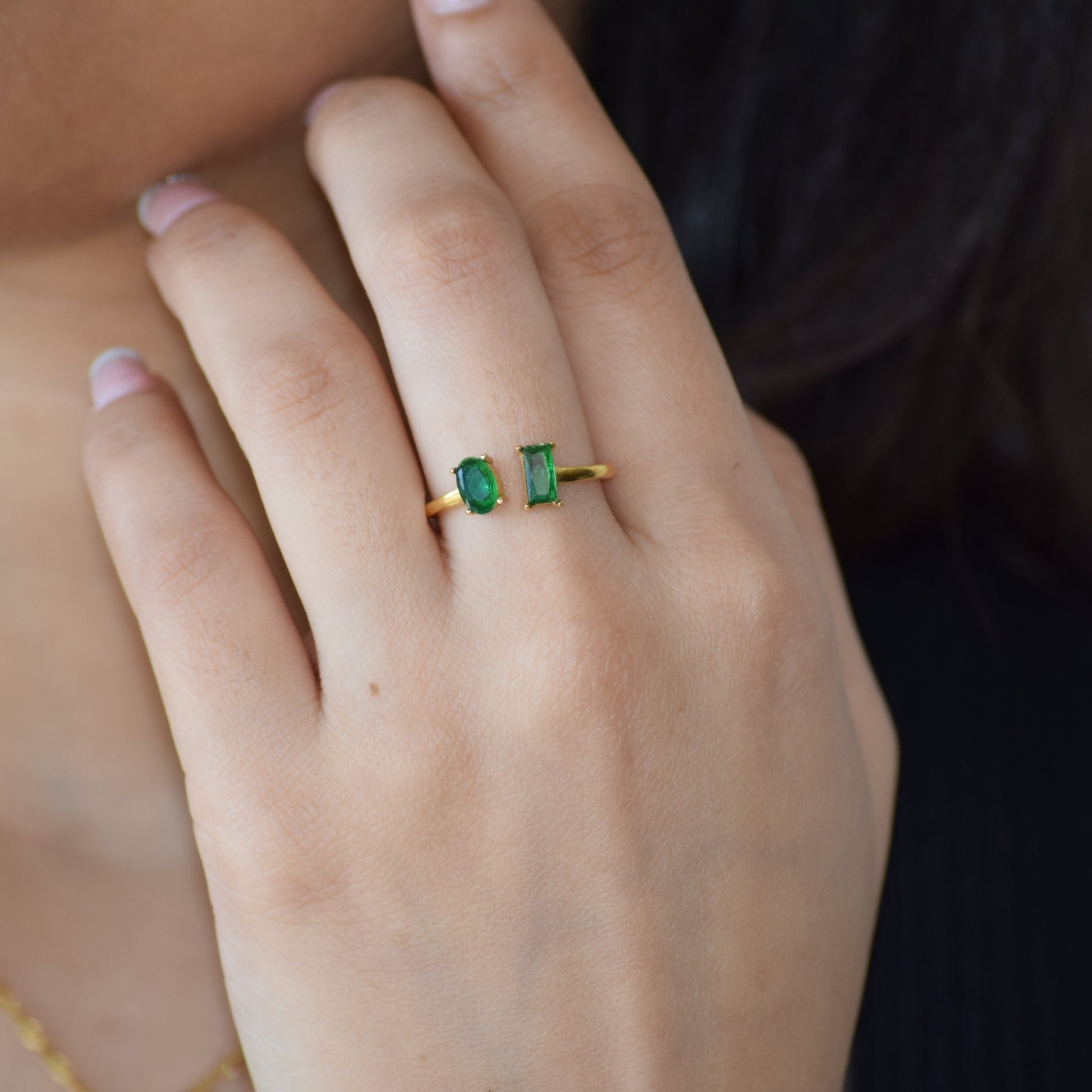 Toi Et Moi jade green zircon ring worn on hand with 18K gold plated stainless steel band
