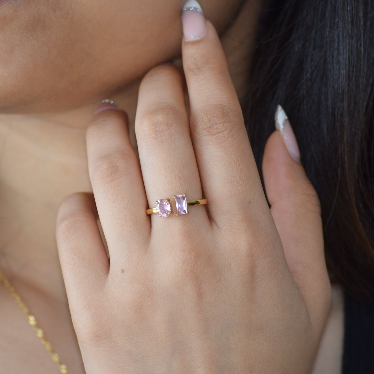 Toi Et Moi blush pink zircon ring worn on hand